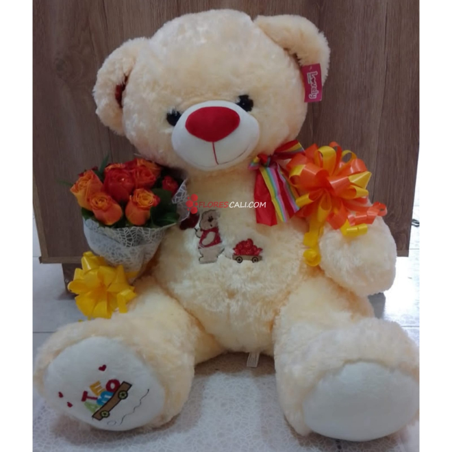 Peluche con rosas, flores para cumpleaños