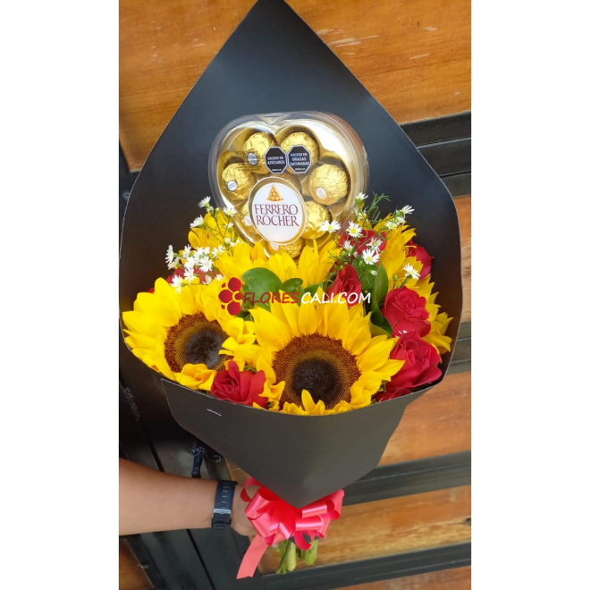 Bouquet girasoles y rosas con chocolates en cali