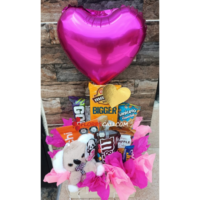 Ancheta de dulces y peluche flores cali