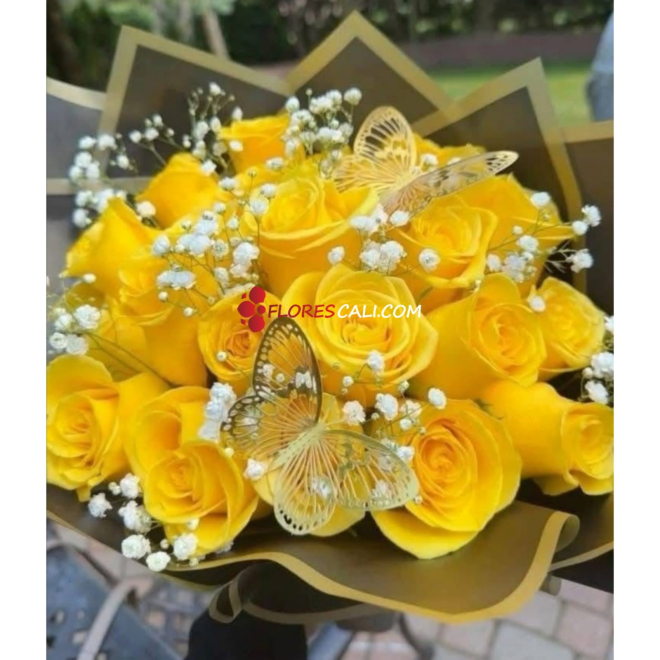 Bouquet x20 rosas y mariposas flores cali dia de las flores amarillas
