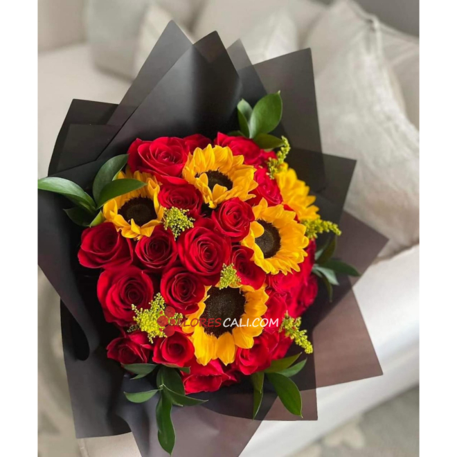 Bouquet rosas y girasoles redondo dia de la madre cali