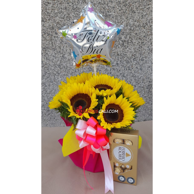Arreglo de girasoles con chocolates dia de la mujer cali