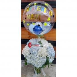 Jarrón de hortensias y globo burbuja en cali