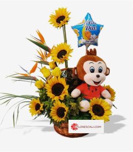Canasta de girasoles y peluche en cali