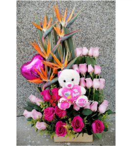 Arreglo rosas globo y peluche en cali